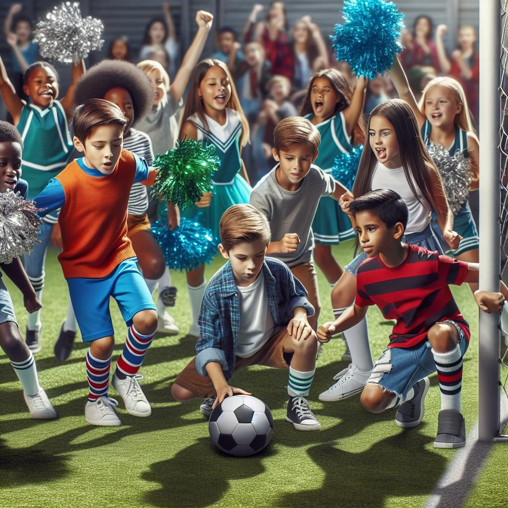 Kids playing football and cheerleading