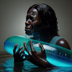 Woman holding a floating tube, grieving