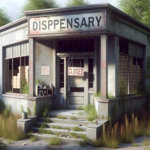 "Closed dispensary sign, abandoned"