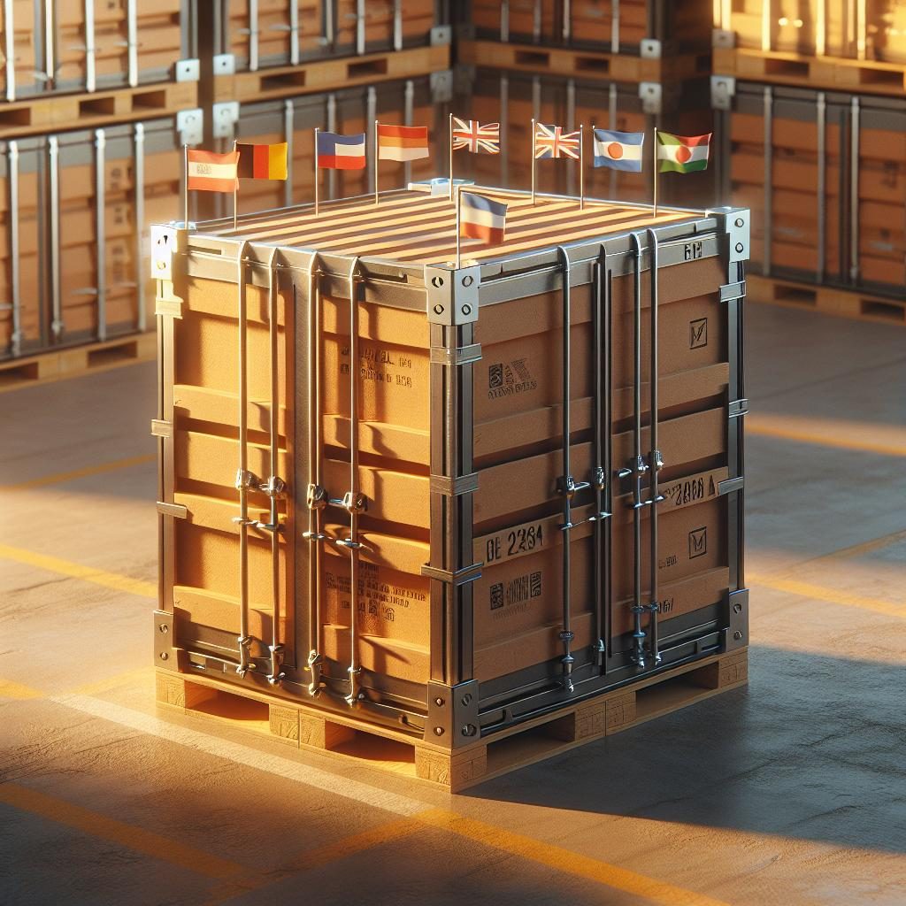 "Shipping crate with flags"