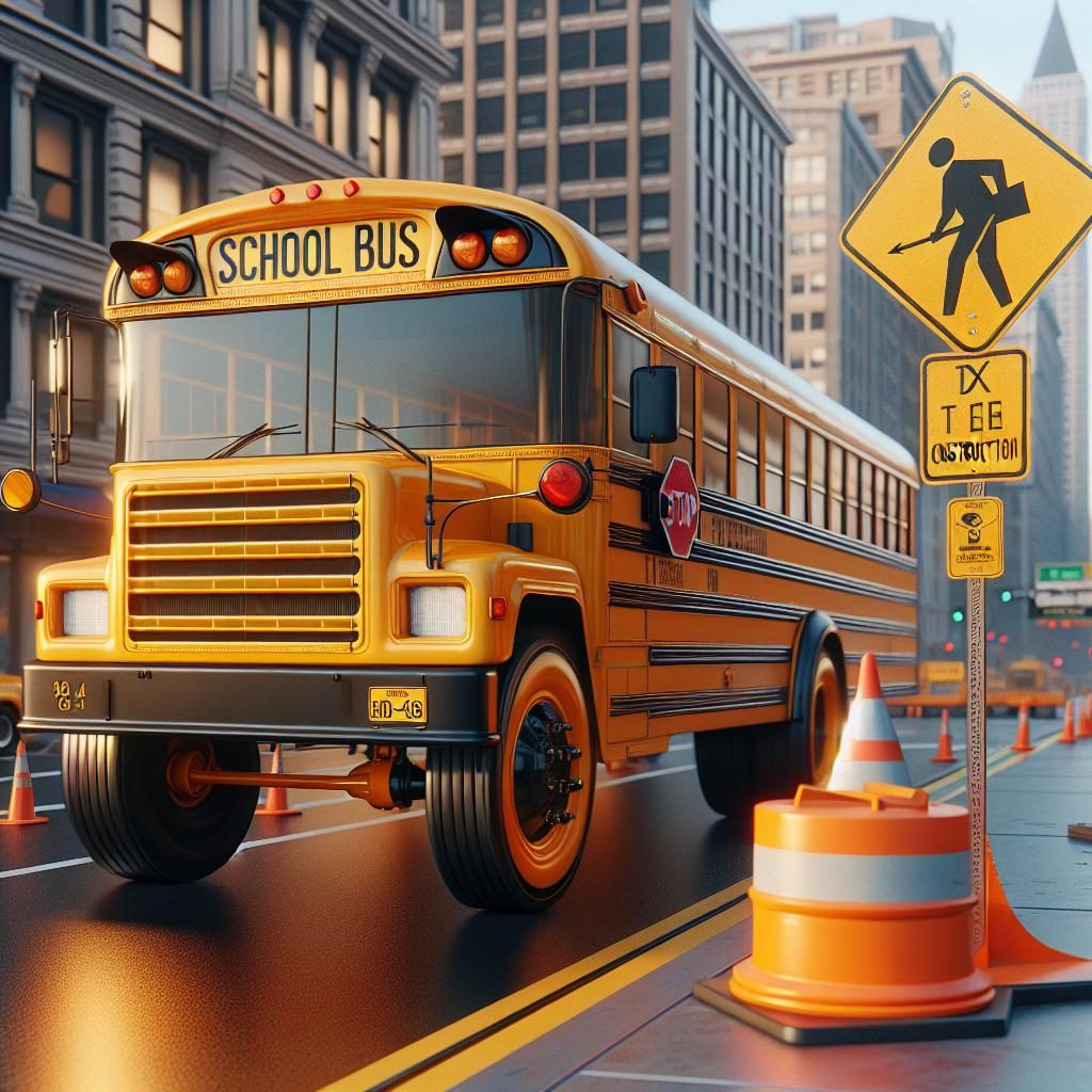 School bus and construction sign