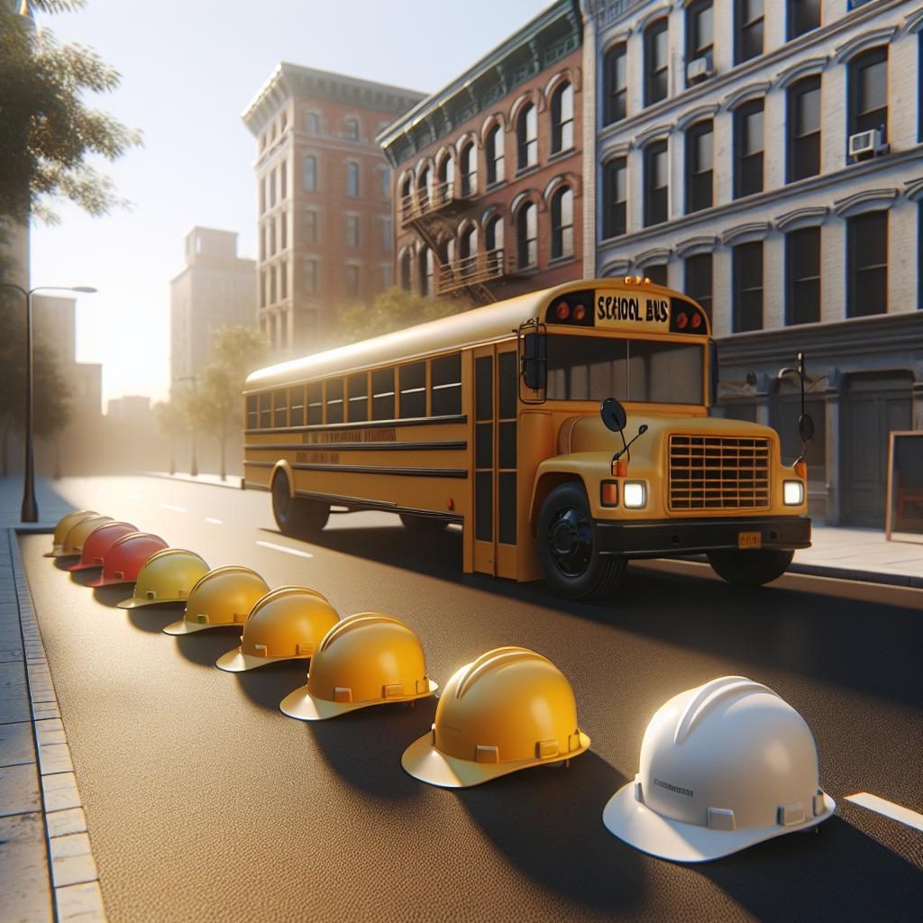 School bus and construction helmets