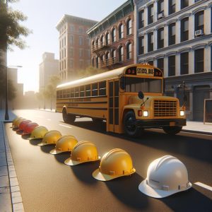 School bus and construction helmets