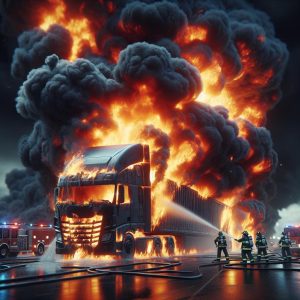 Burning tractor trailer accident