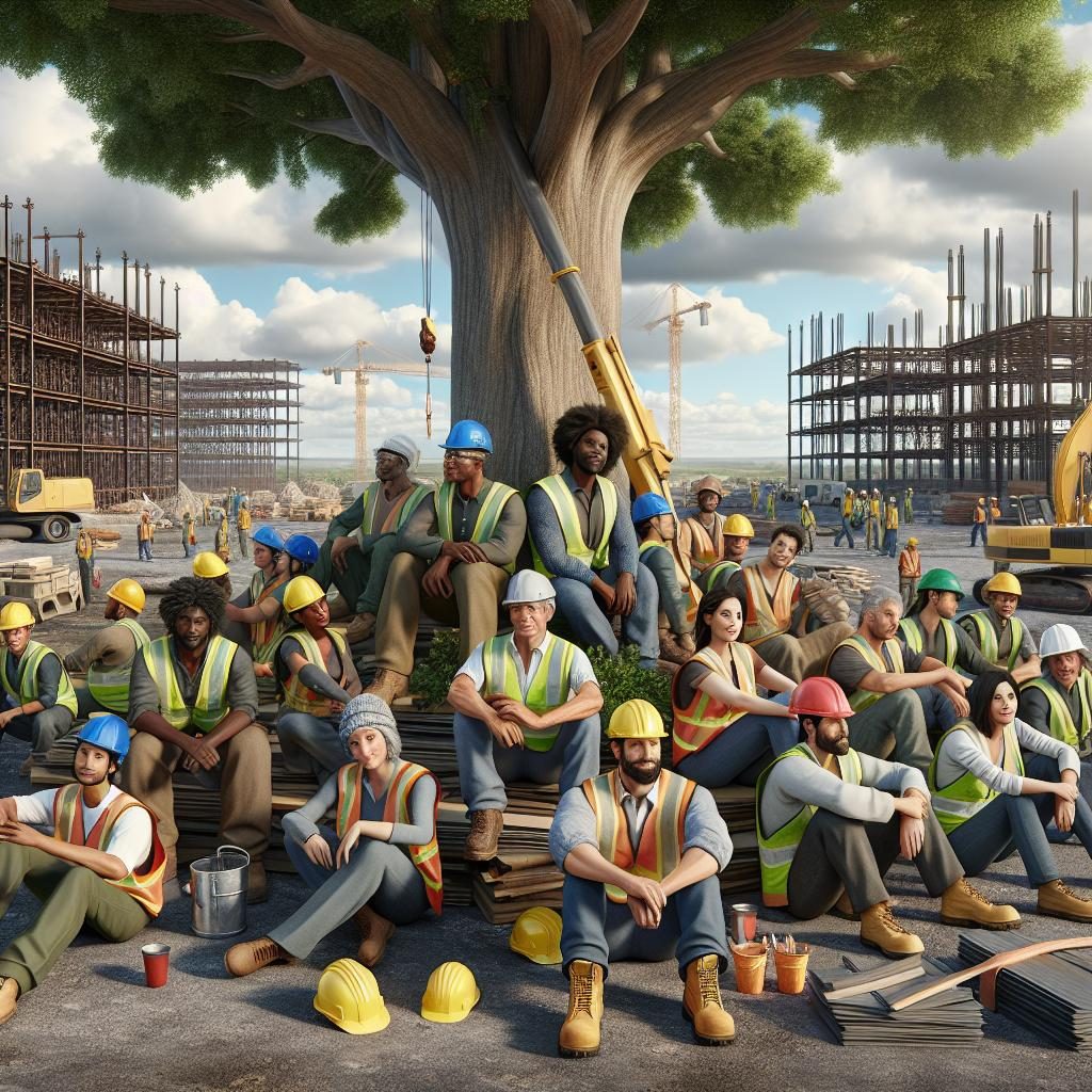 Workers resting under shade, construction site in background.