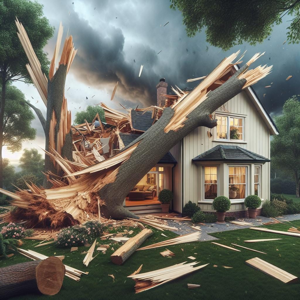 "Fallen tree through storm-damaged house"