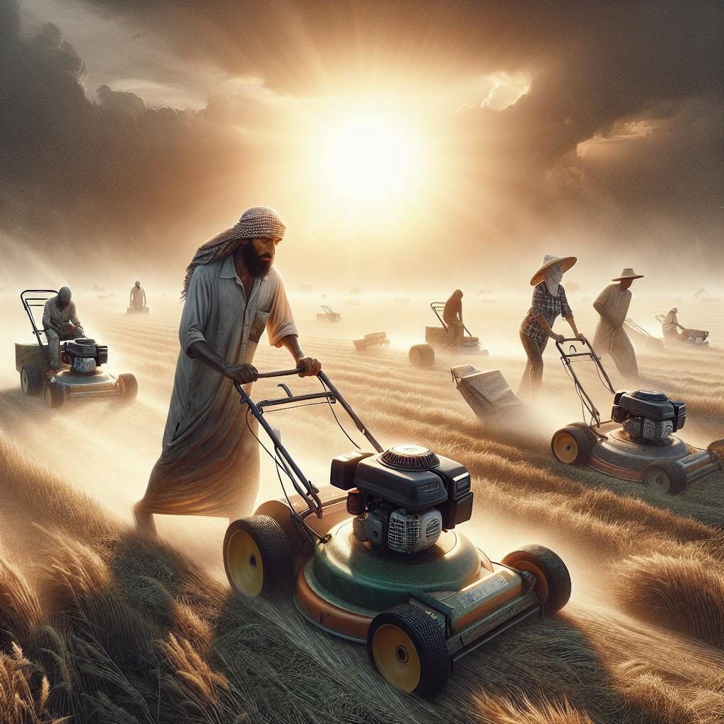 Workers mowing under scorching heat