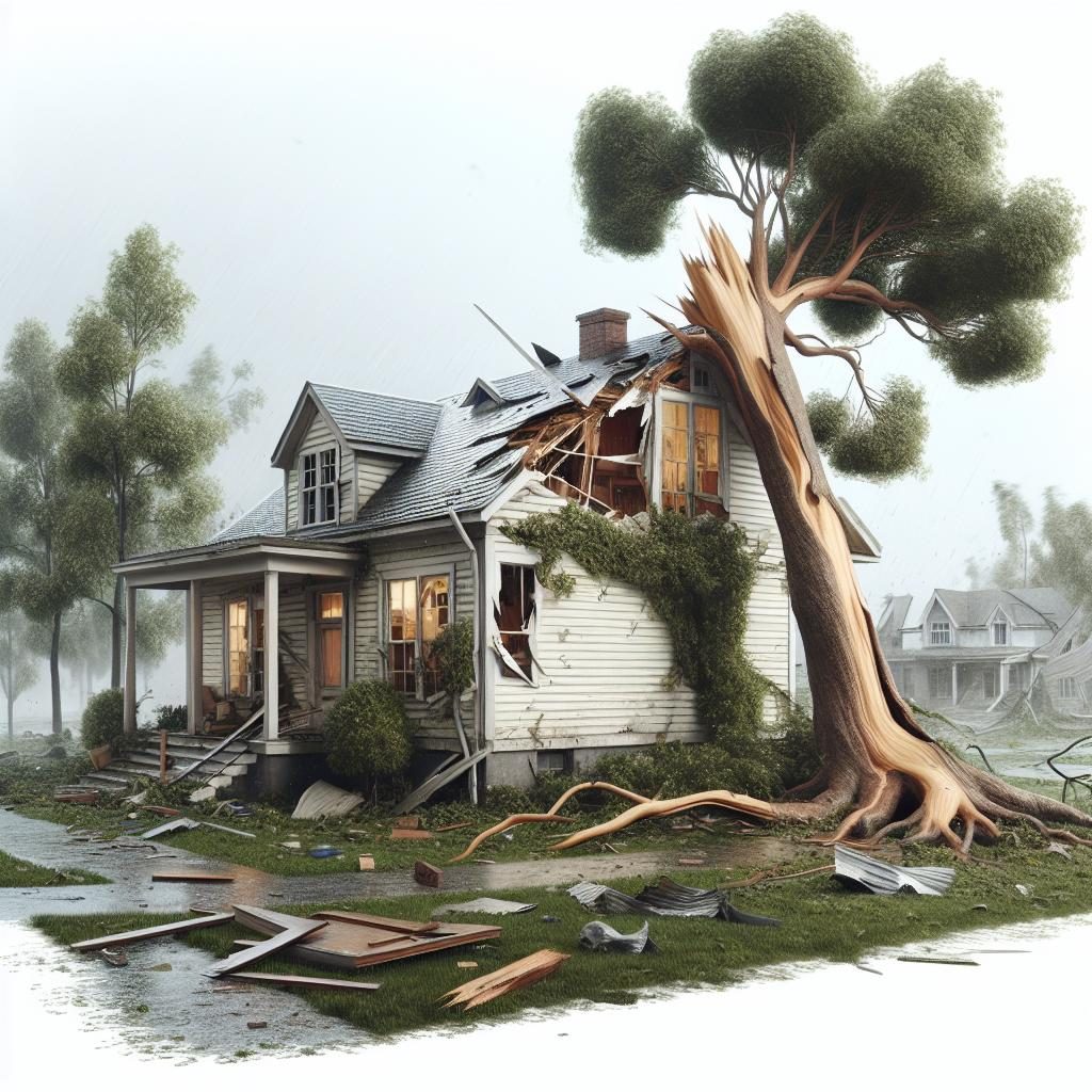 Storm-damaged house and tree