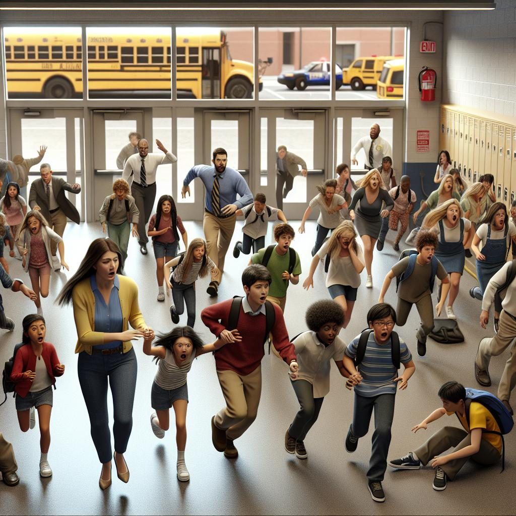 Emergency school evacuation scene