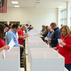 Vibrant polling place with enthusiastic voters and ballots.