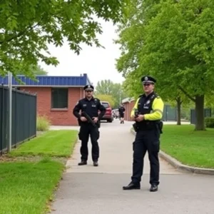 Police presence at school with lockdown measures in place.