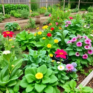 Vibrant community garden with diverse vegetables and flowers.