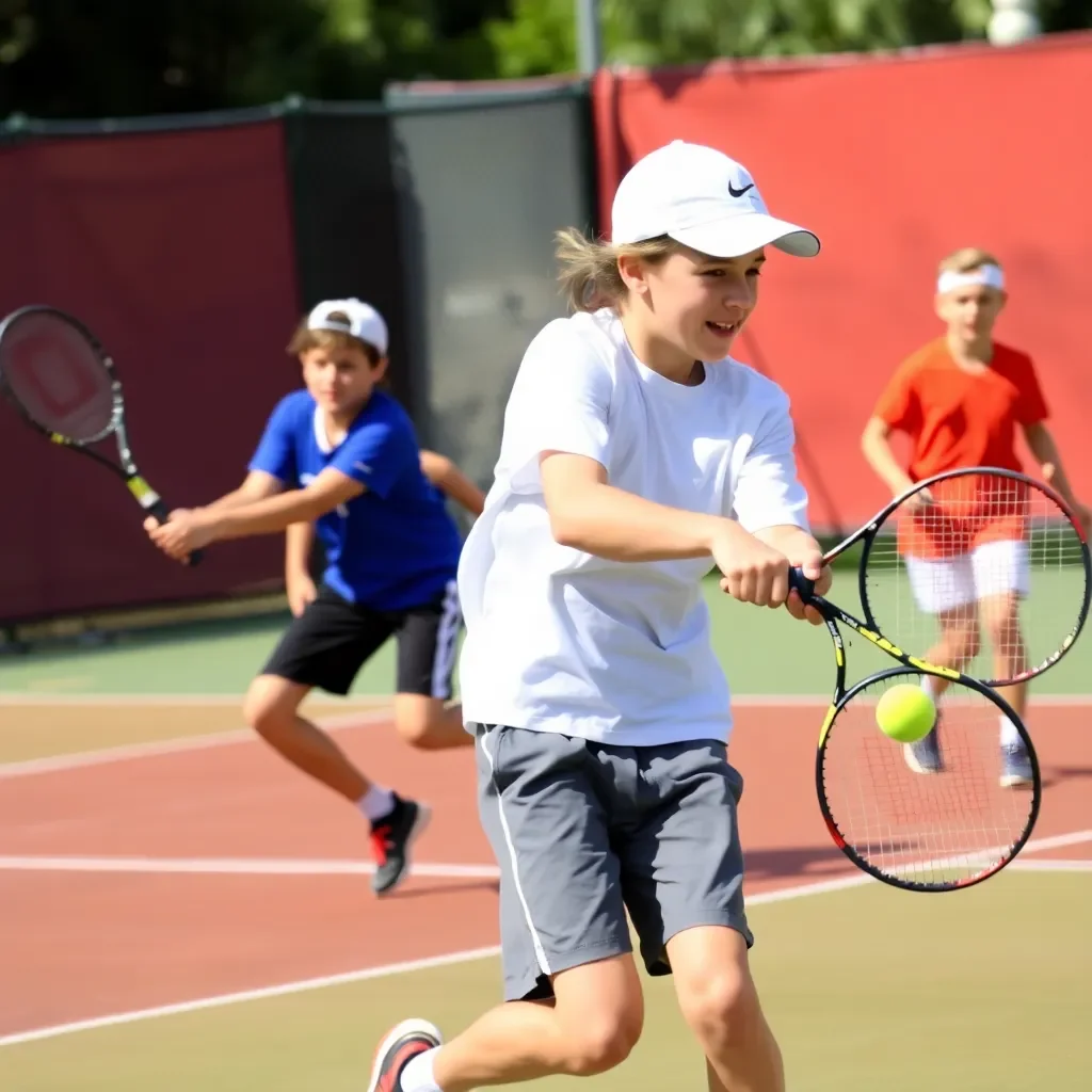 Dynamic action shot of tennis matches featuring young athletes.