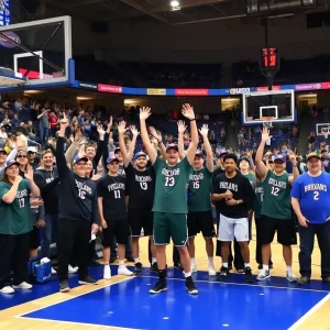 Basketball court with excited fans and team gear.