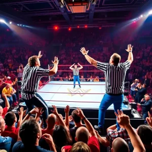 Exciting wrestling match in a vibrant arena setting.