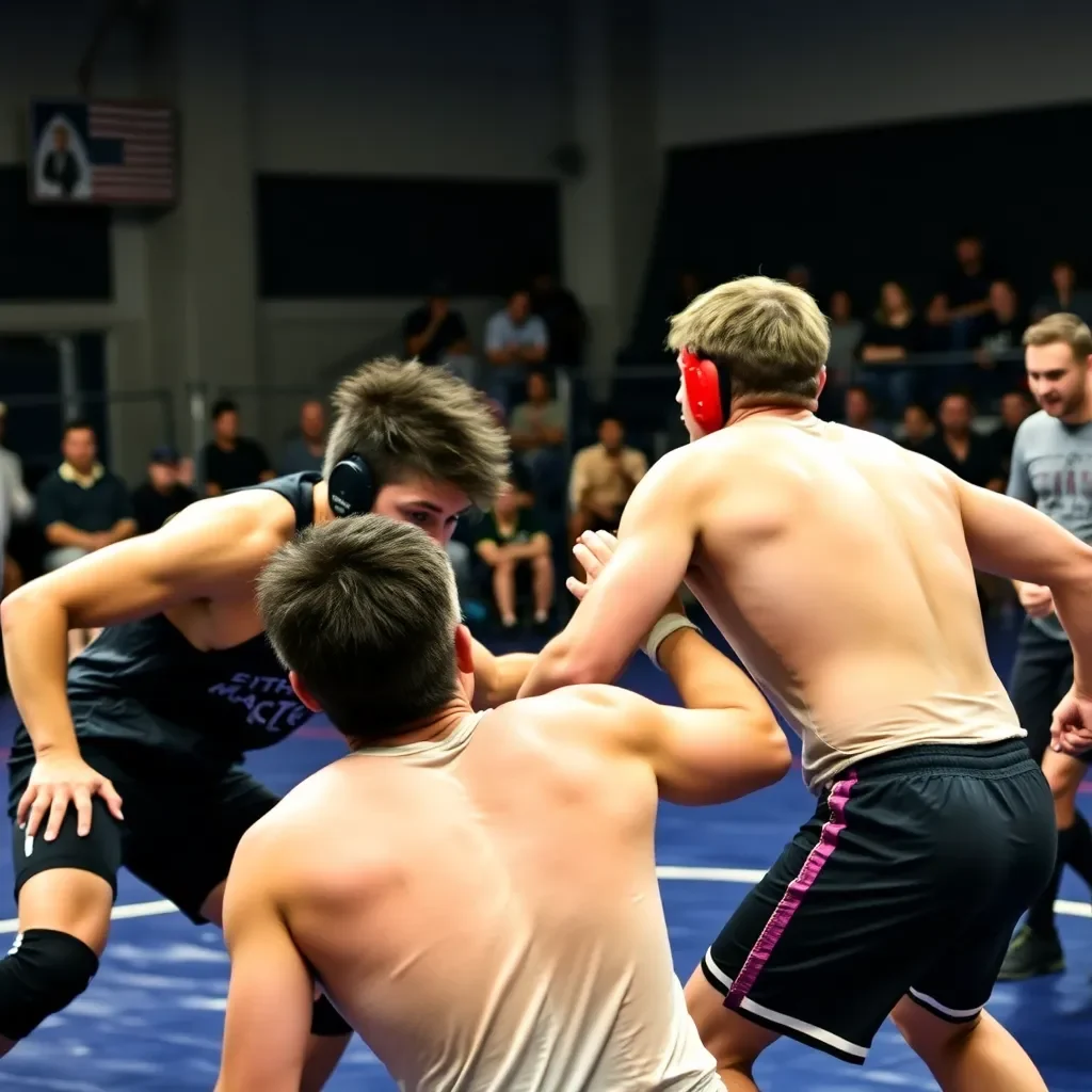 Action-packed wrestling practice with team spirit and camaraderie.