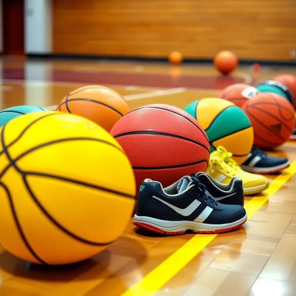 Colorful basketballs and sneakers on a gym floor.