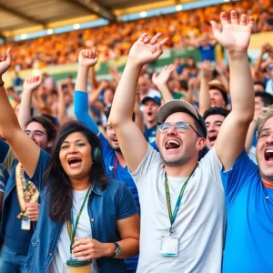 Celebratory football fans cheering in a vibrant stadium.