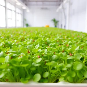 Vibrant microgreens flourishing in a bright indoor farm.