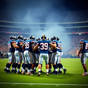 Dynamic team huddle with football in action-packed stadium.