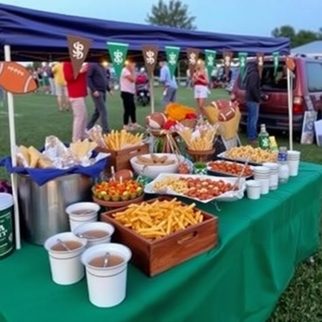 Festive tailgate setup with food and football decorations.