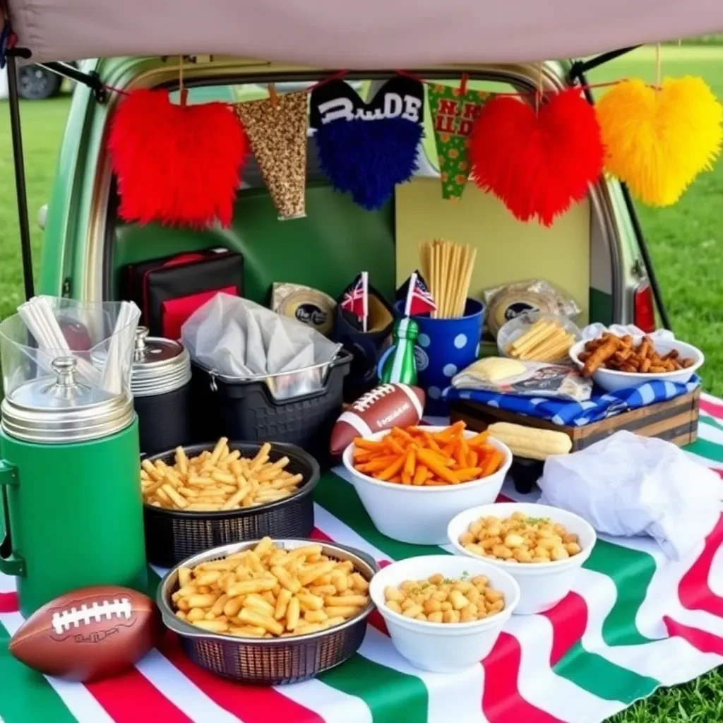 Colorful tailgate setup with food and football gear.