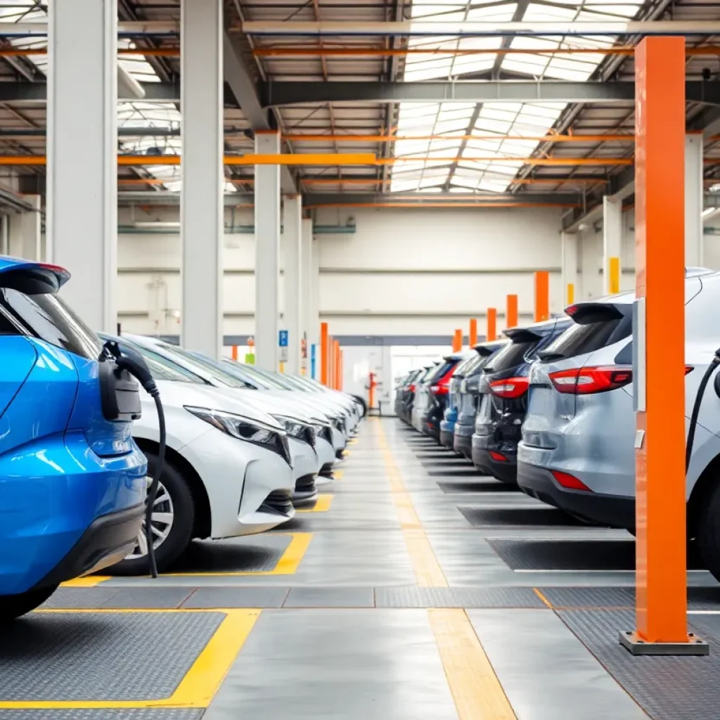 Electric vehicles charging in a modern manufacturing facility.