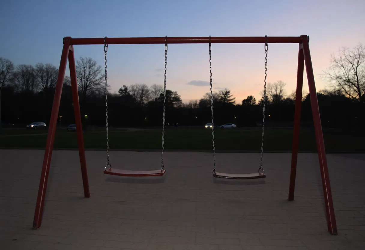 Empty swings in a quiet park at dusk.