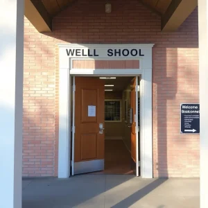 School building with open doors and welcoming signage.