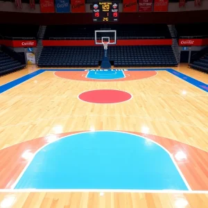 Basketball court with vibrant team colors and scoreboard.