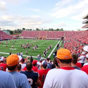 College football rivalry atmosphere with vibrant team colors.