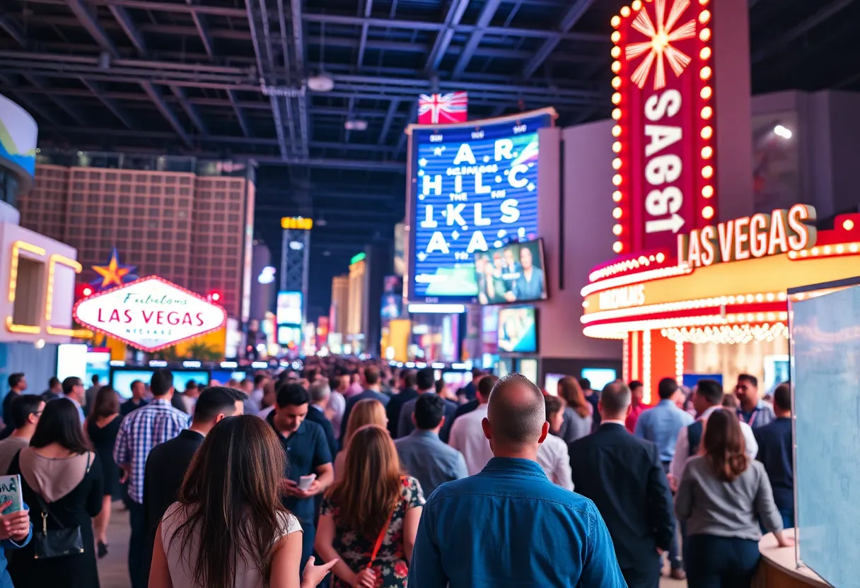 Las Vegas skyline with marketing professionals networking