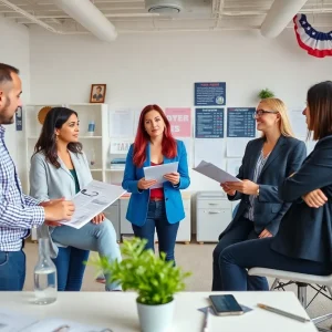 A marketing team brainstorming strategies in an office during election season.