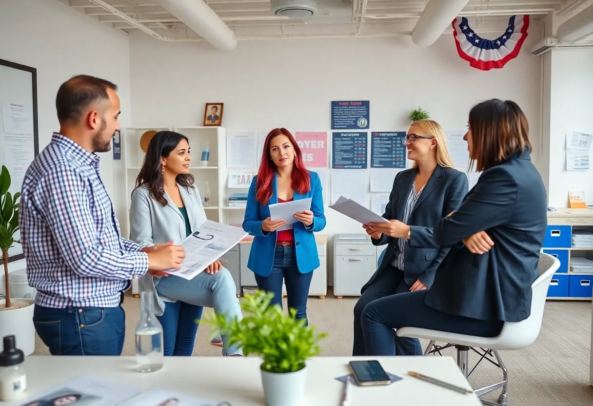 A marketing team brainstorming strategies in an office during election season.