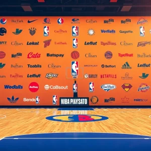 Vibrant basketball court showcasing new NBA sponsorships