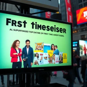 Television screen displaying advertisements for new brands in NYC