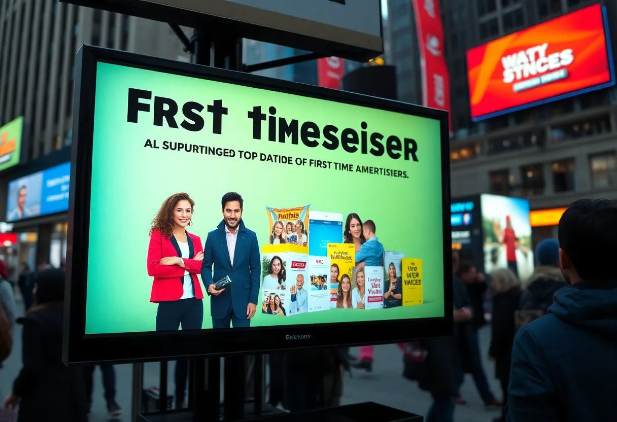 Television screen displaying advertisements for new brands in NYC