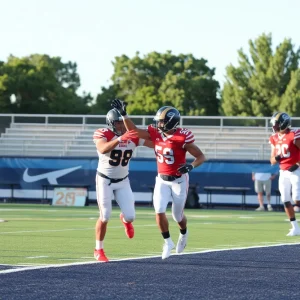 Football players celebrating a goal-line touchdown on field.