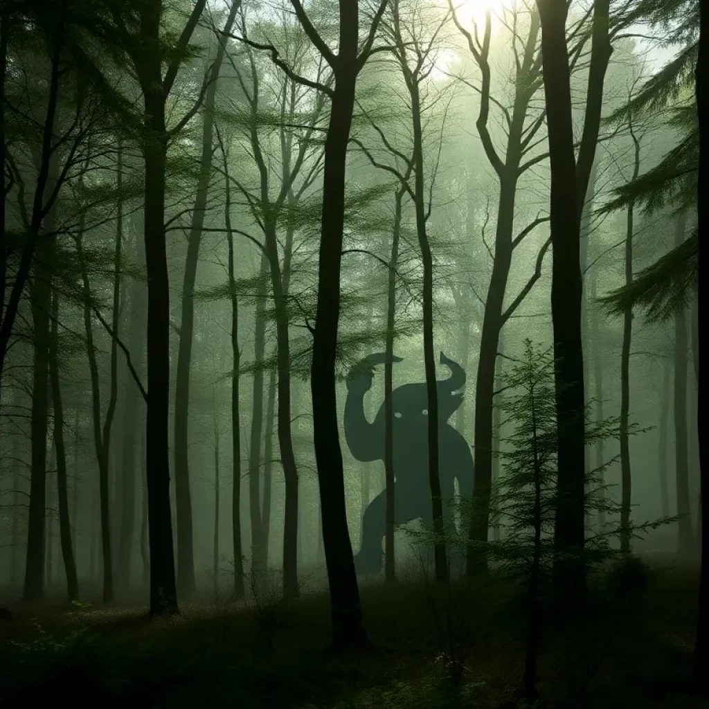 Mystical forest with hidden creature silhouette amidst trees.