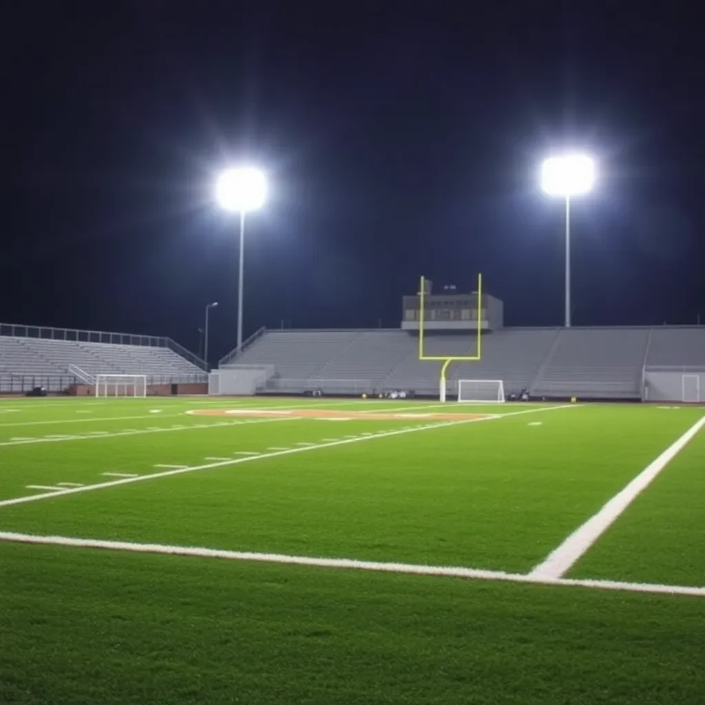 Exciting high school football field under stadium lights.