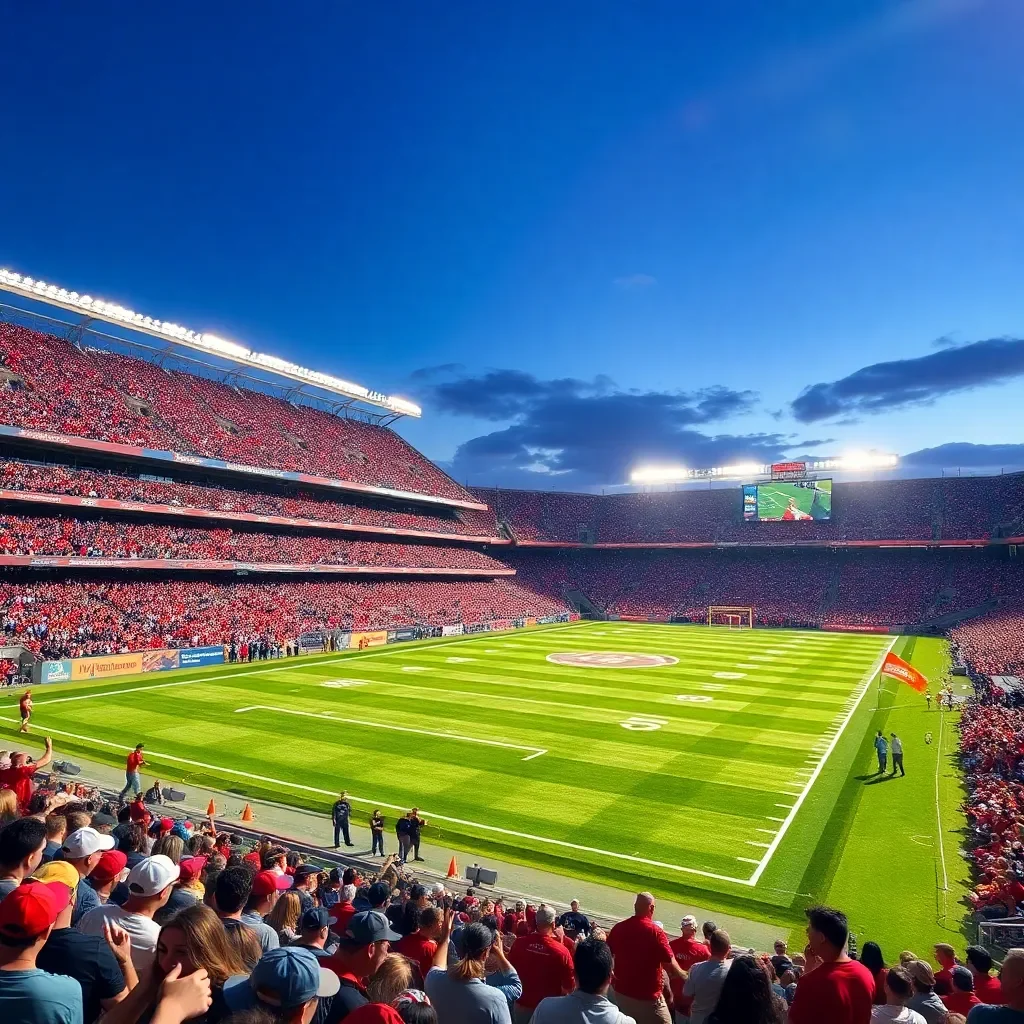 Vibrant football field with cheering fans and championship banners.