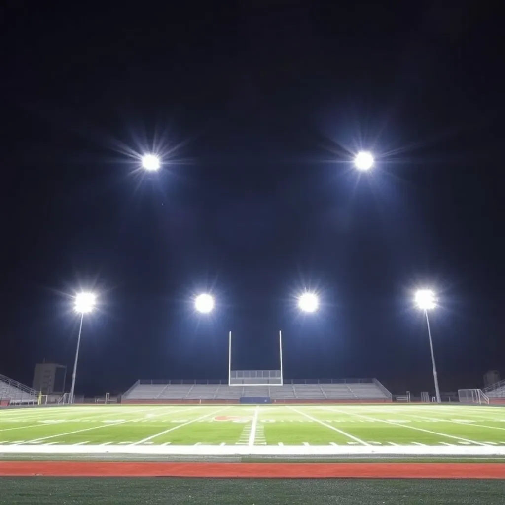 Exciting stadium lights illuminating a high school football field.