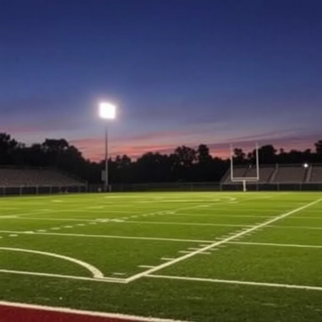 Football field illuminated under stadium lights at dusk.