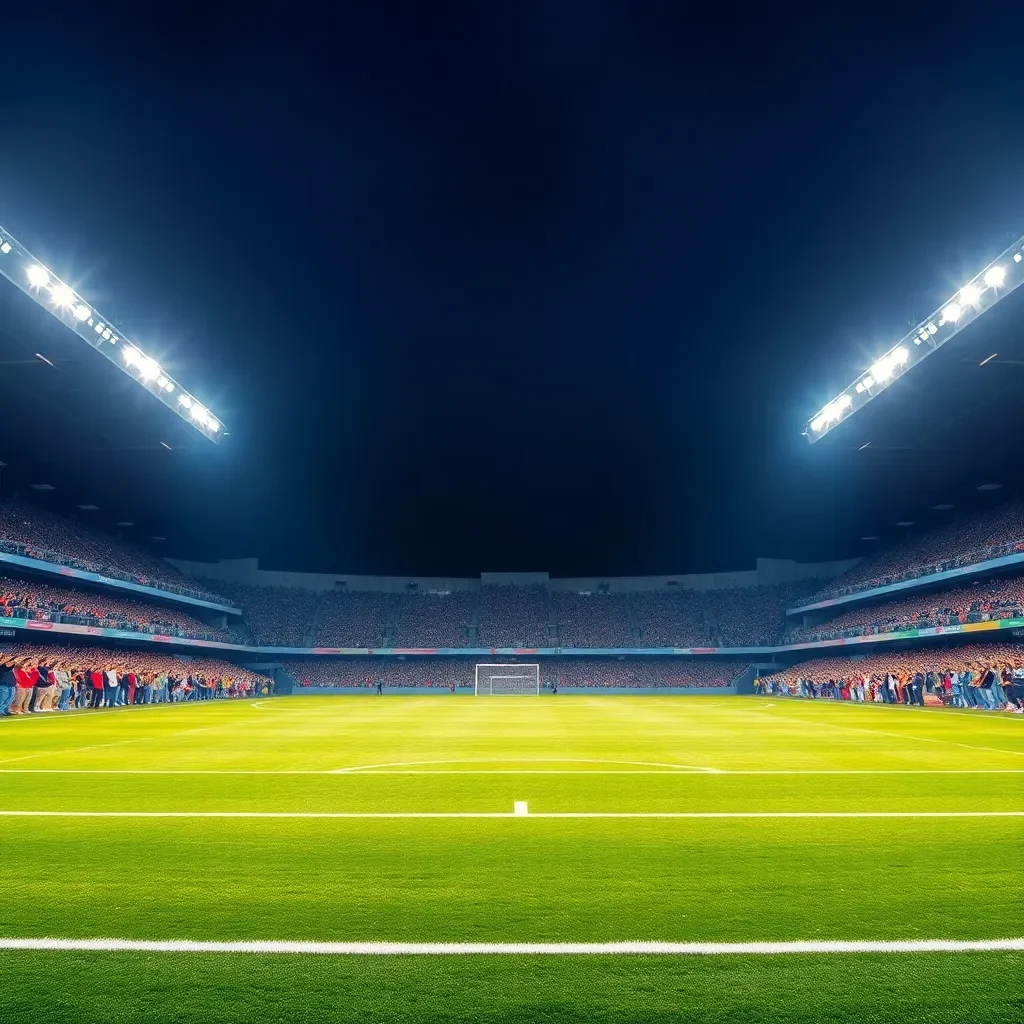 Football field with stadium lights and cheering crowd.