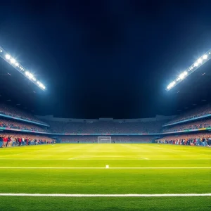 Football field with stadium lights and cheering crowd.