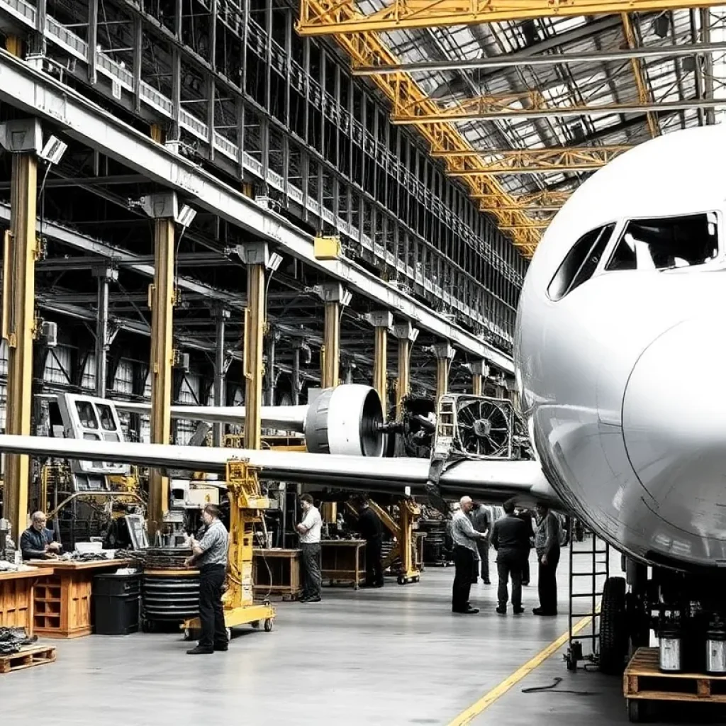 Aircraft assembly line with bustling construction workers.