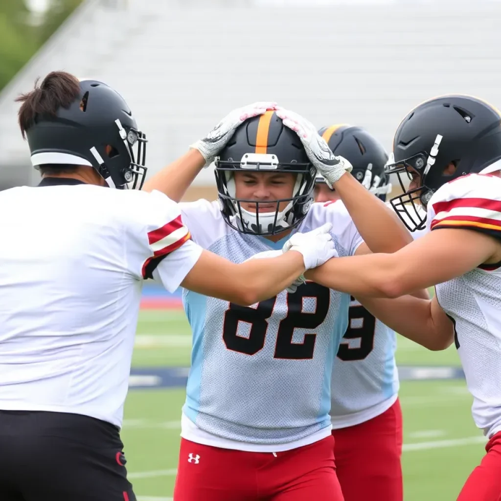 Football players strengthening teamwork on the field.