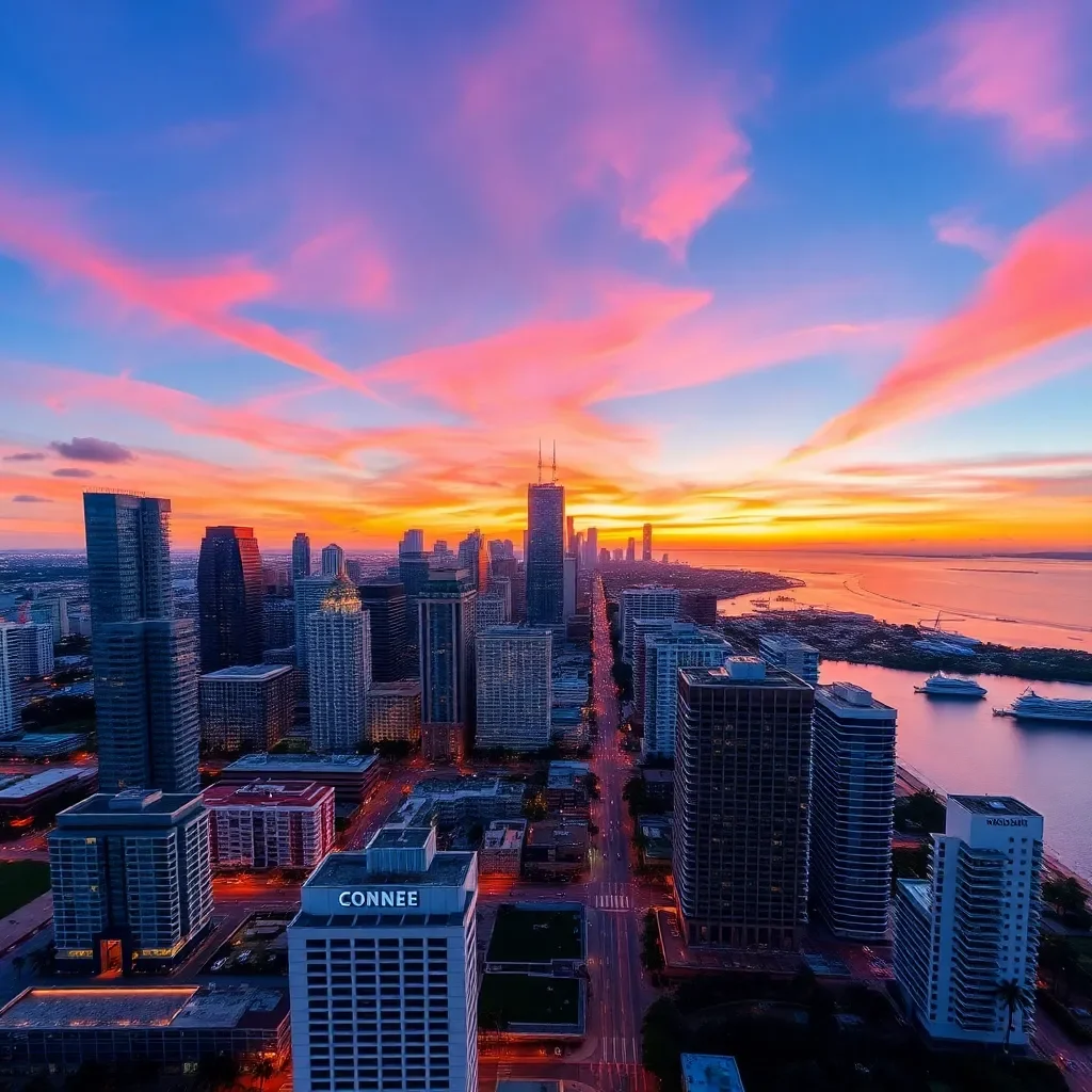 Aerial view of vibrant Miami skyline during sunset.