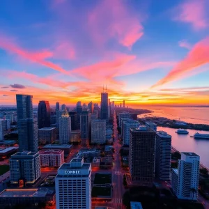 Aerial view of vibrant Miami skyline during sunset.