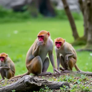 Rhesus macaques exploring a serene natural environment.